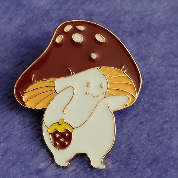 Adorable Smiling Mushroom Wearing A Strawberry Purse Enamel Pin - Picture 8 of 10